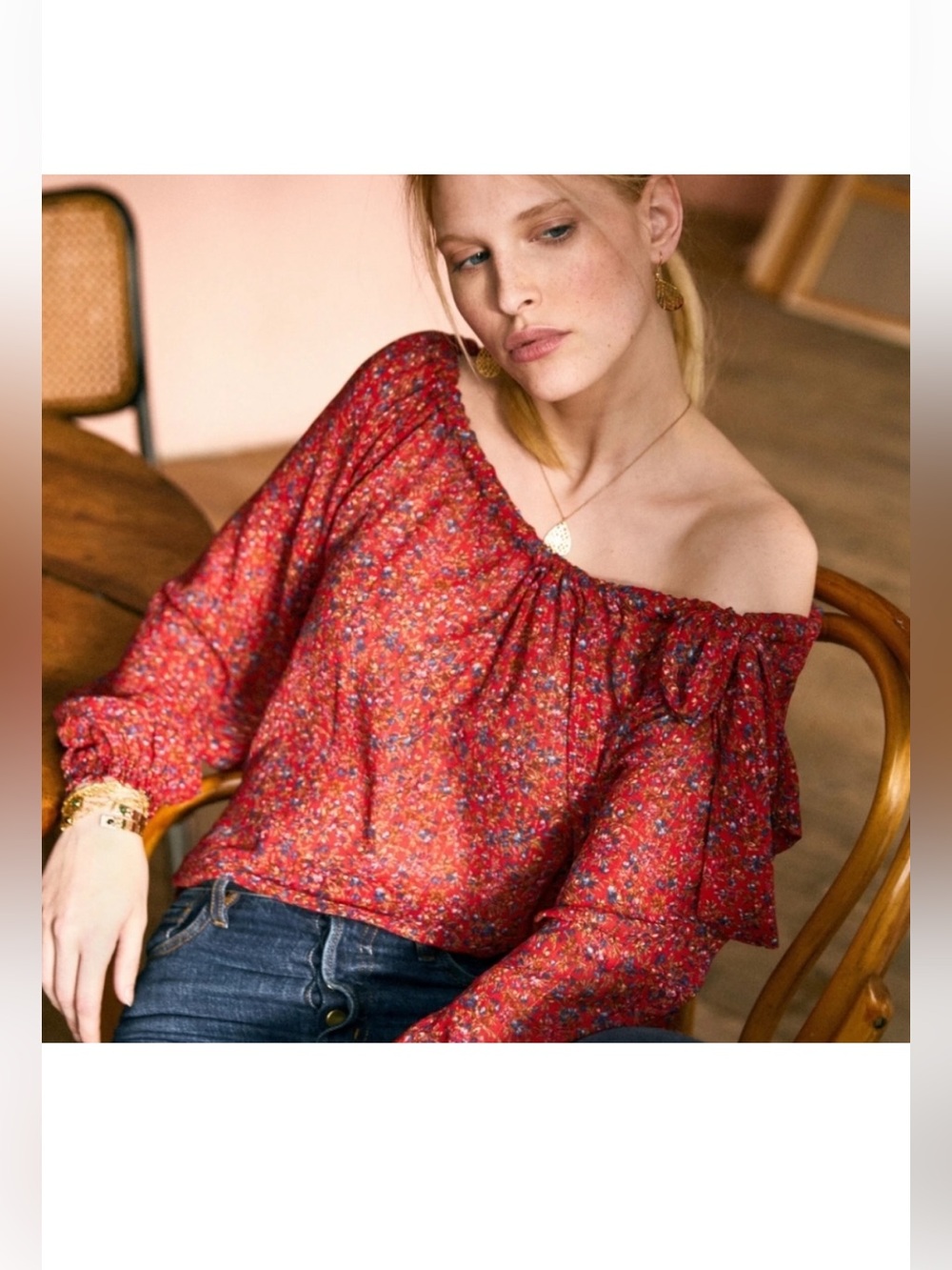 Sezane Gladys Off-Shoulder Red Floral Blouse like new condition